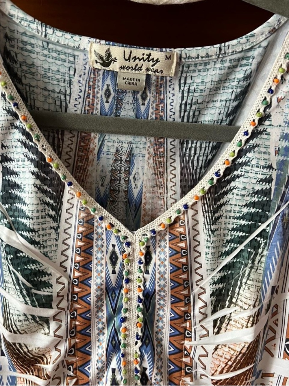 Unity World Wear y2k Beaded V-Neck Boho Top - Blue, Brown, Green